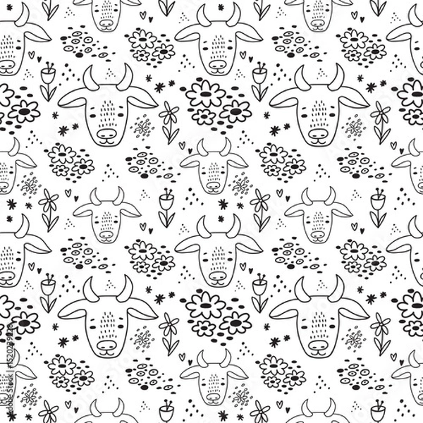 Obraz Cute doodle Cow seamless pattern hand drawn cute kids background black and white