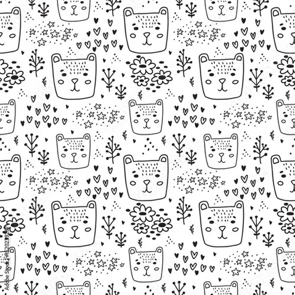 Obraz Cute doodle bear seamless pattern hand drawn cute kids background black and white