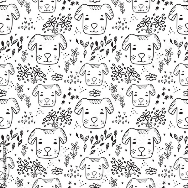 Obraz Cute doodle dog seamless pattern hand drawn cute kids background black and white