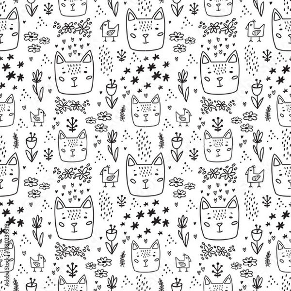 Obraz Cute doodle cat seamless pattern hand drawn cute kids background black and white