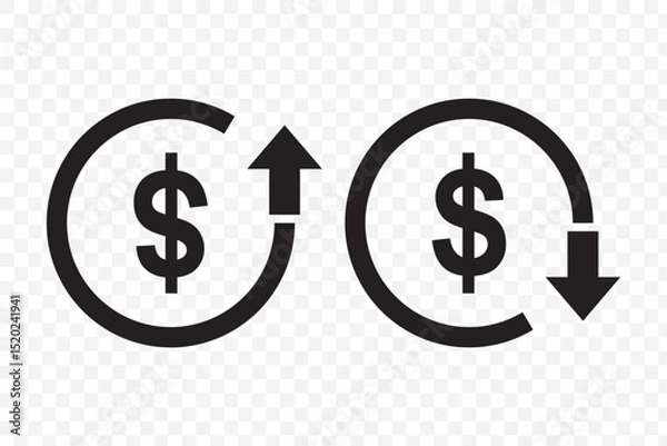 Fototapeta Money increase or decrease icon set. dollar decrease increase symbol. profit and lose signs. cost reduction icon vector. EPS 10.