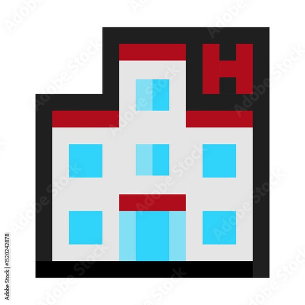 Fototapeta Pixel art hotel building emoji with a red H symbol and blue windows, designed in vintage 8 bit style. Ideal for travel apps, maps, tourism services, retro style games and digital interfaces.