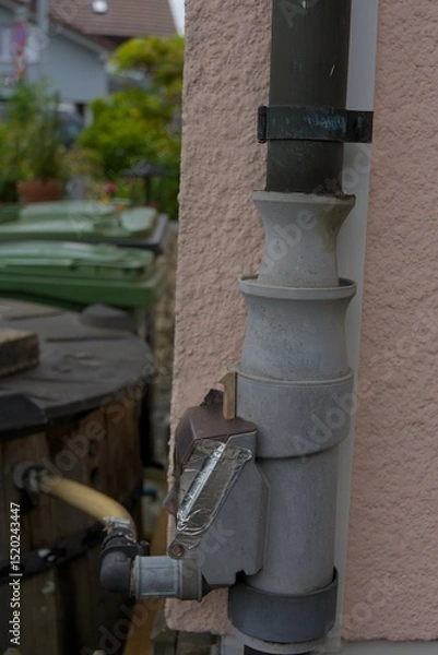 Fototapeta An intriguing outdoor pipe system with a focus on its functional details and weathered charm, set against a muted, earthy palette.