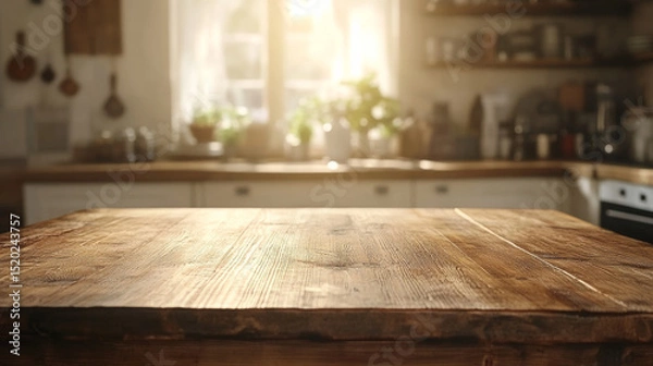 Fototapeta Wooden tabletop surface presented in front of a softly blurred kitchen background, perfect for design or product placement