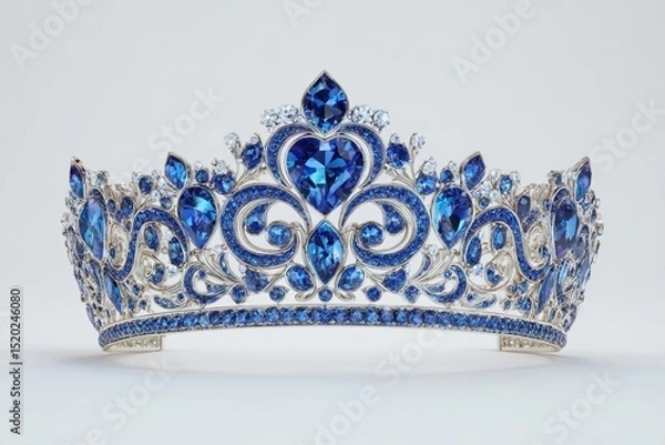 Fototapeta Concept of a silver tiara adorned with diamonds and blue sapphire stones, symbolizing a beauty pageant winner, a bride's accessory, and a royal crown for a queen, isolated on white with a clipping