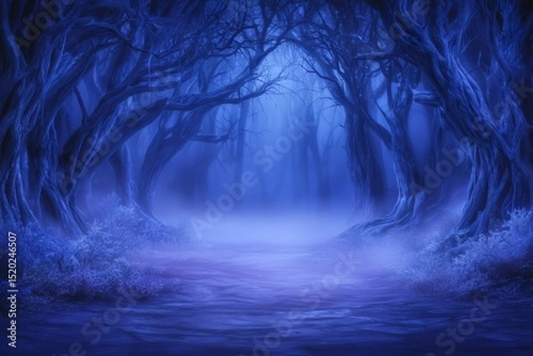 Fototapeta Pathway through a dense, autumnal forest, characterized by an eerie blue tone and enveloped in cold, foggy darkness