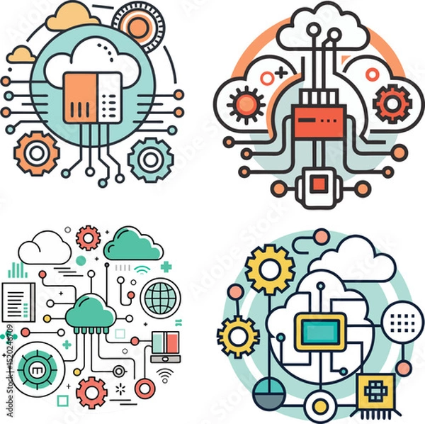 Fototapeta Social network concept with a cloud of interconnected social media icons representing global communication, mobile technology, and internet business