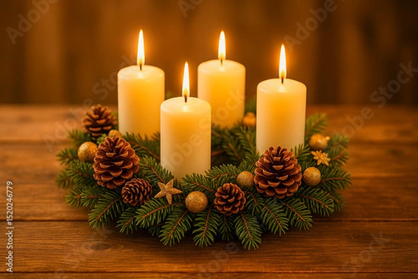 Fototapeta Advent wreath with four lit candles and pine cones