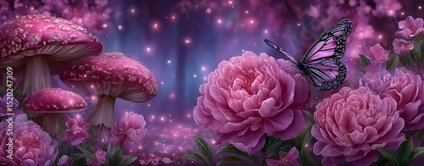 Fototapeta A dreamy elf forest filled with magical fantasy mushrooms and fabulous fairytale elements, such as a blooming pink rose flower and a butterfly, unfolds on a mysterious background, with shiny glowing