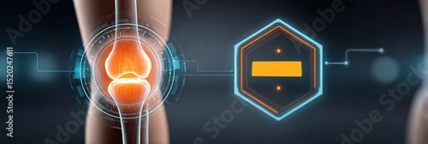 Obraz 28 year old non binary patient after PRP joint injection with a 3D hologram overlay showing a glowing depiction of articular cartilage regeneration in the knee
