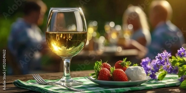Fototapeta Glass of white wine, fresh strawberries and cream cheese dessert during a Midsummer celebration in Sweden with family and friends enjoying the long summer evening in a blurred background.