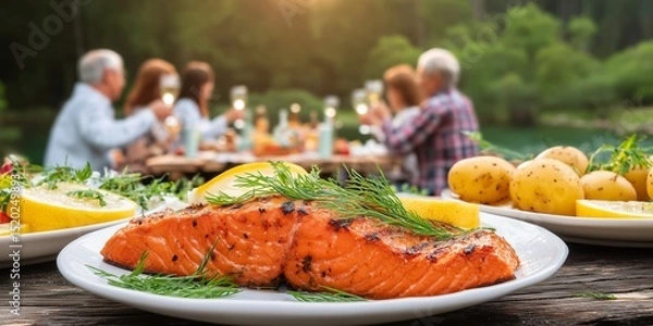 Fototapeta Close up of a plate with grilled salmon garnished with lemon and dill, with a family celebrating Midsummer in the background, enjoying a meal together by a lake in Sweden.