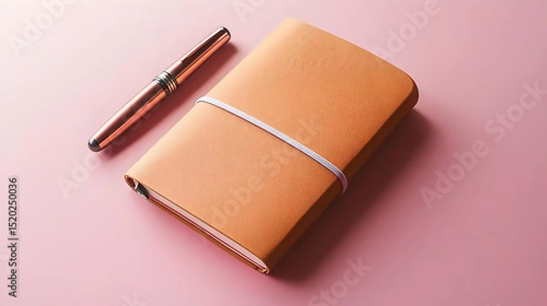 Fototapeta Leather Notebook And Pen On Pink Background