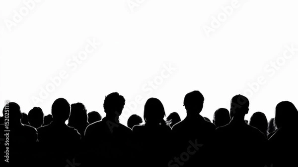 Fototapeta Black silhouettes of people form diverse crowd against clean white background. Minimalistic style emphasizes unity, anonymity, and social presence