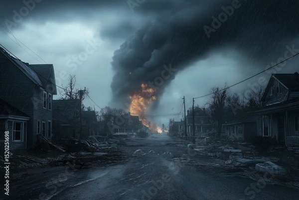 Fototapeta Apocalyptic Urban Explosion. Surreal Cityscape in Aftermath of Devastating Disaster