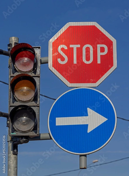 Fototapeta Red Stop Mandatory Right Direction at Led Traffic Light Road Sign