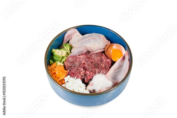 Fototapeta Natural dog food. Raw meat food, vegetables, egg in bowl on white background, top view. 