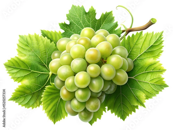 Fototapeta Bunch of Green Grapes with Leaves isolated on Transparent clipping Background