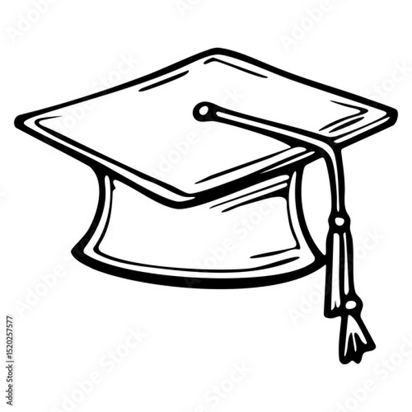 Fototapeta Hand drawn black and white sketch of traditional graduation cap with tassel isolated on transparent background, ideal for academic and celebratory design use. Vector art