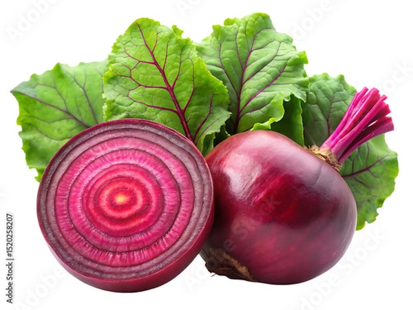 Fototapeta Fresh Beetroot with Leaves and Cross Section isolated on Transparent clipping Background