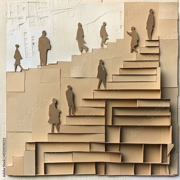Fototapeta A paper collage of people climbing stairs, made from cardboard. In the top right corner, there is an empty space for text. 