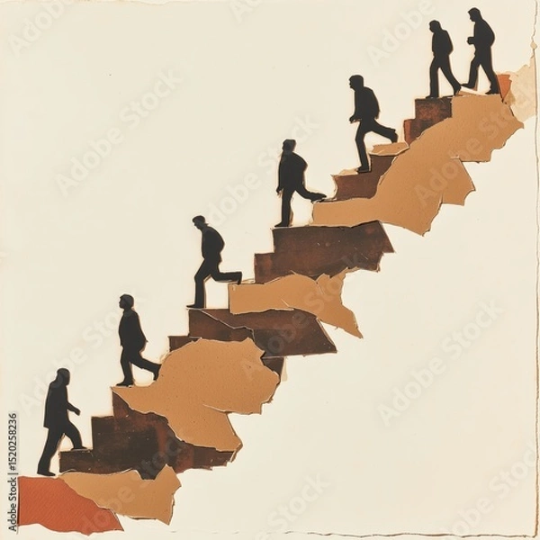 Fototapeta A paper collage of people climbing stairs, made from ripped brown cardboard. The illustration is simple, with a plain background and muted colors. 
