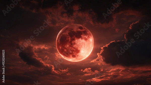 Fototapeta Deep red moon glows ominously through swirling dark clouds during lunar eclipse. Mysterious bloody moon, cosmic awe and eerie beauty. Strange supernatural and occult moonlight