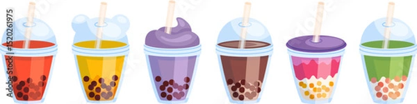 Fototapeta Bubble tea drinks cartoon vector illustration set. 