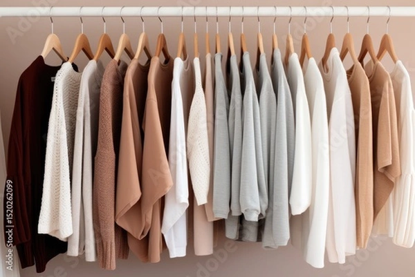 Obraz Wooden hangers with clothes on the rail in the store with clothing for sale. Flea market, second hand, discount, exchange, donation
