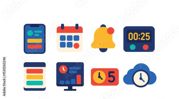 Fototapeta Flat vector icons of deadline tools and apps: productivity app screen, calendar with alert dot, smart reminder bell, digital timer interface, time block planner, online deadline tracker, countdown