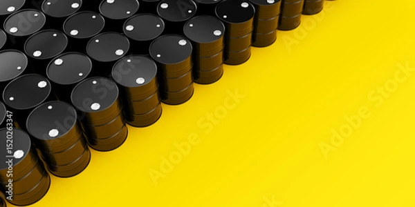 Fototapeta Top view on rows of black metal oil barrels on yellow background with place for text on right. Oil industry concept. 3d render illustration