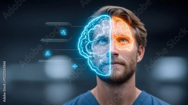 Obraz 38 year old male neurosurgeon reviewing postoperative images with an MRI slice thermal overlay showing a glowing depiction of resected parietal lobe tumor margins