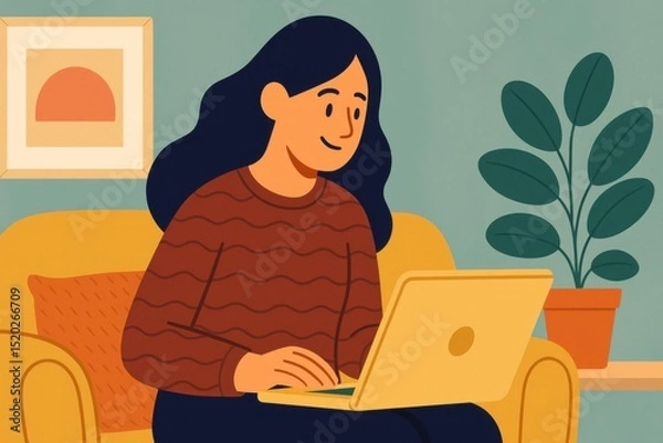 Obraz Woman working from home using laptop on sofa in living room
