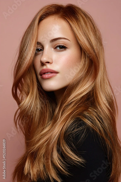 Fototapeta Redhead woman with long beautiful shiny hair covering one eye, close up studio shot on plain background. Freckled face with natural look and healthy skin.