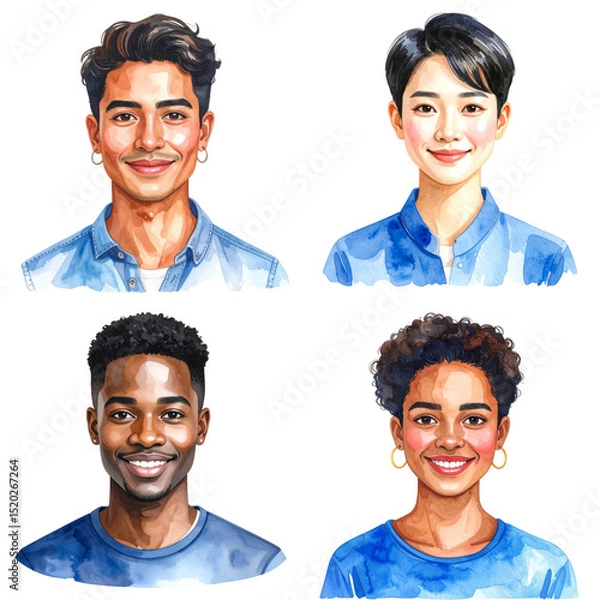 Obraz Smiling Diverse Portraits Watercolor Illustration