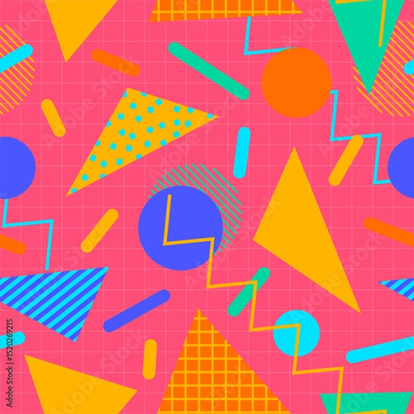 Fototapeta Retro 80s Seamless Pattern with Colorful Geometric Shapes. Memphis Style Geometric Background