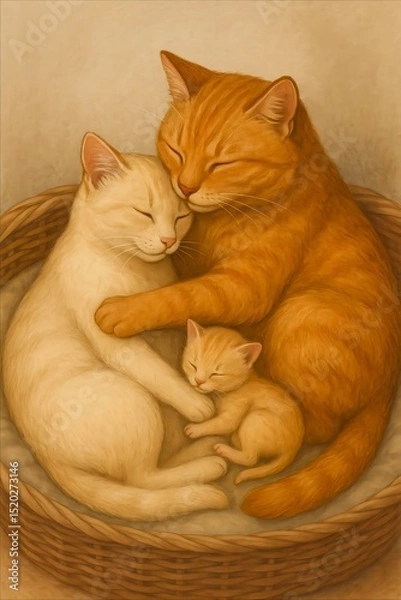 Obraz Illustration a mother cat with her newborn kitten, lovingly embraced by the father cat in a warm and cozy basket. A heartfelt moment of unconditional love.