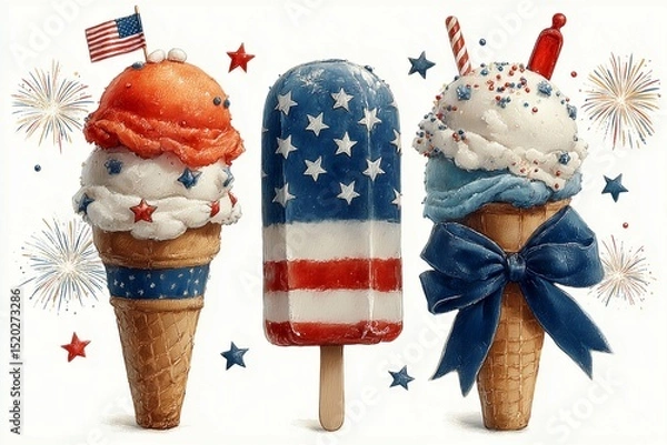 Fototapeta Two ice cream cones and a popsicle with American Idependence day decorations and USA flag colors