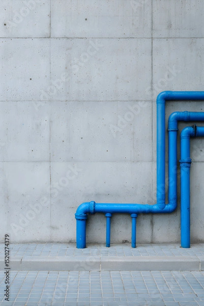 Fototapeta Blue municipal water pipes on concrete wall