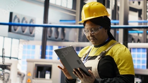Obraz Smiling engineer in smart factory performing predictive maintenance using tablet, analyzing IoT sensor data. Industrial plant worker managing operational reliability of photovoltaic systems, camera B