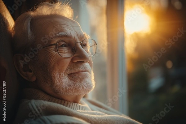 Fototapeta Elderly Man Smiling Thoughtfully at Home in Gentle Daylight Portrait of Wisdom and Contentment