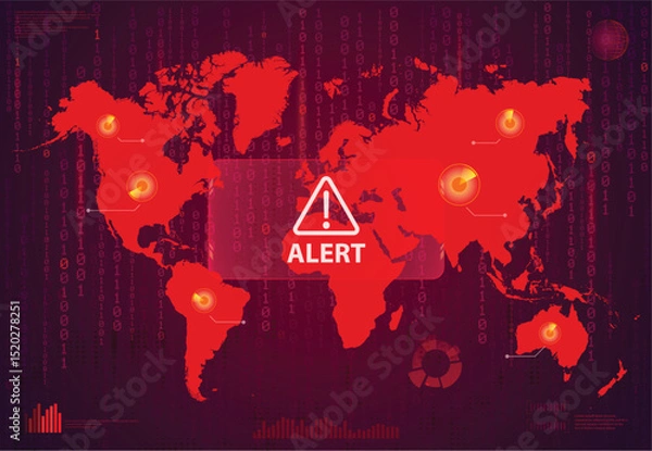 Fototapeta Alert Warning Attack on Screen World Map illustration vector