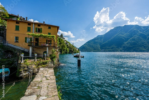 Obraz Nesso, Lake Como, Lombardy, Itlay: Part of the small village of Nesso that stands on the steep mountain slopes of Lake Como in northern Italy.
