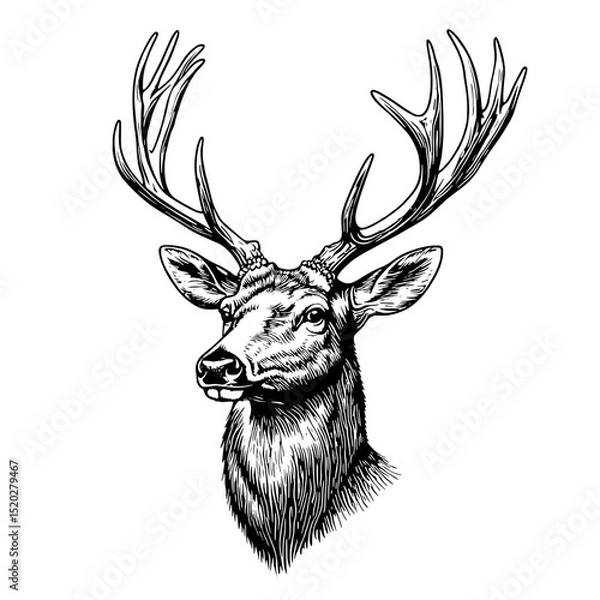 Fototapeta Vintage engraved illustration of a majestic deer head with impressive antlers for elegant design projects