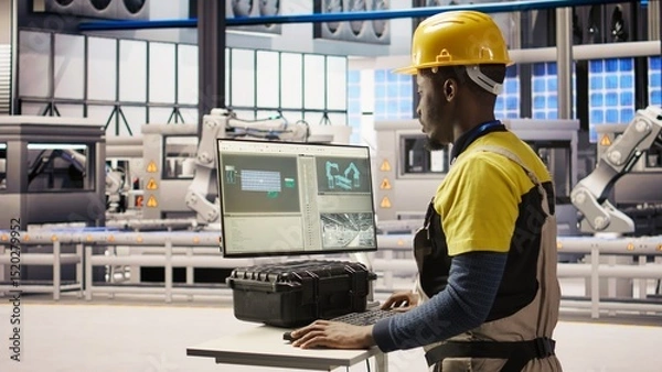 Obraz Engineer overseeing solar panel production lines equipment using PC software. Worker maintaining photovoltaic assembly systems in automated industry 4.0 factory using computer, camera A