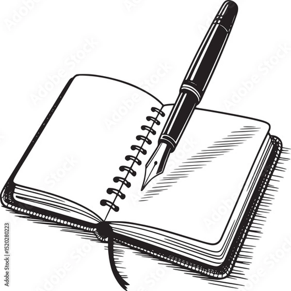 Obraz A black and white illustration of a pen resting on an open spiral bound notebook with blank pages