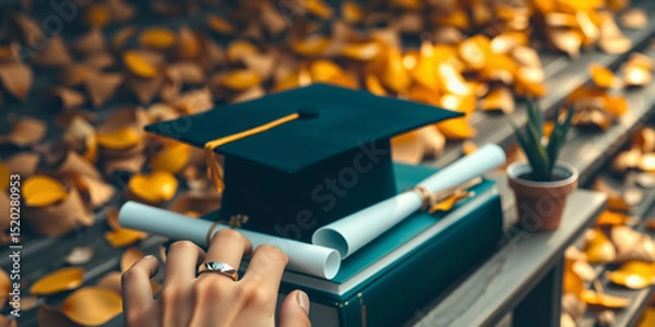 Fototapeta Professional stock image: Graduation cap with diploma and books with a minimalist modern theme. Features a cyberpunk vibe aesthetic, mysterious and enigmatic mood, earthy greens...