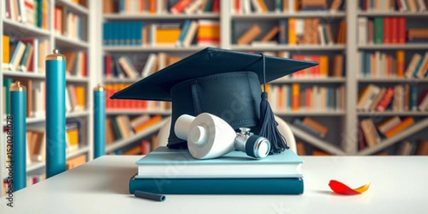 Fototapeta Professional stock image: Graduation cap with diploma and books with a minimalist modern theme. Features a drone aerial view aesthetic, grand and opulent mood, frosted glass and...