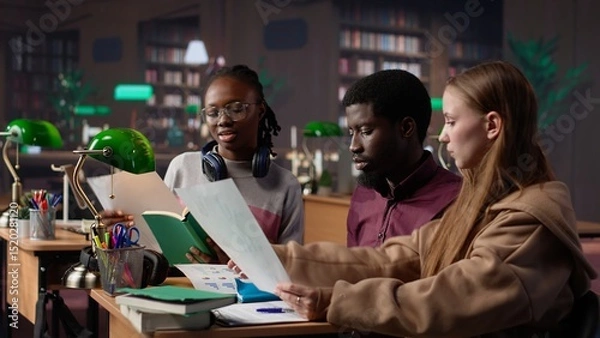 Obraz College students collaborating on startup project in the campus library, focusing on international business administration and management. Studying hard for their academic degree. Camera A.