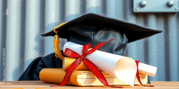 Fototapeta Professional stock image: Graduation cap with diploma and books with a royal grandeur theme. Features a pop art inspired aesthetic, proud and accomplished mood, soft, desaturate...